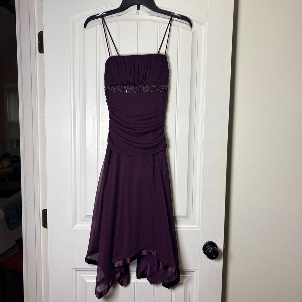 City Triangles Cocktail Dress Women M Eggplant Ruched Handkerchief Hem